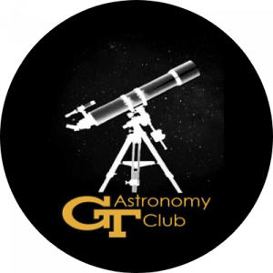 Georgia Tech Astronomy Club logo, a black circle with white outline of a telescope and the words G T Astronomy Club written below in yellow.